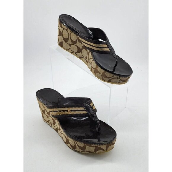 Coach Women's Gabriela Sandal Thong Flip Flop Platform Wedge Monogram Size 8B - Picture 1 of 15